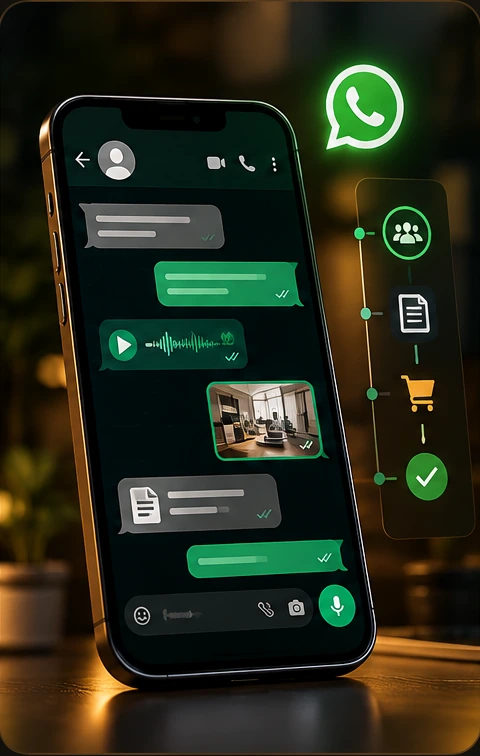 A WhatsApp business chat carries messages, a voice note, a photo and a document alongside the ongoing relationship.