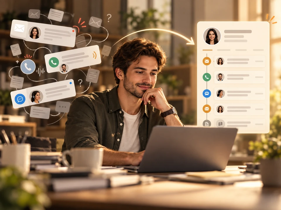 Scattered email, phone and support conversations come together in one complete customer relationship timeline.